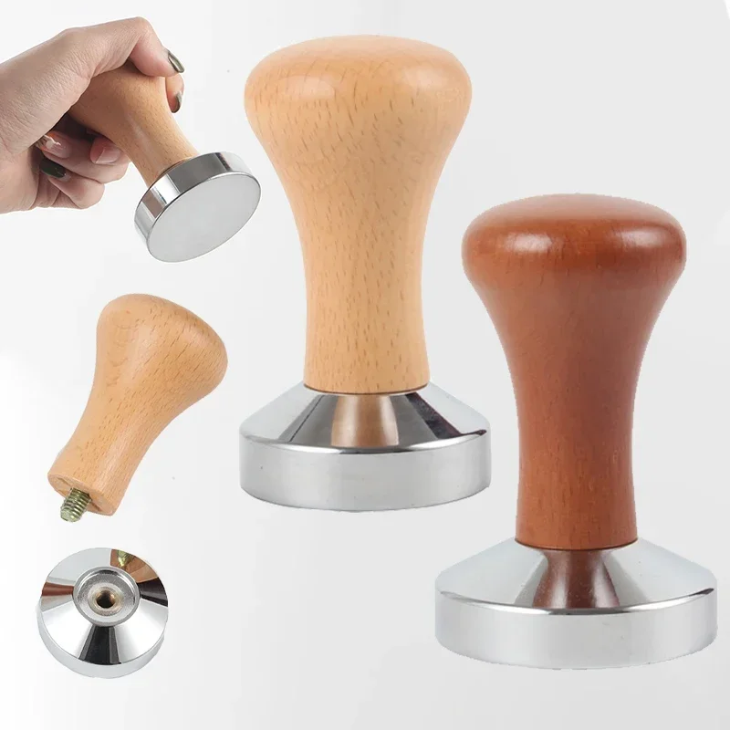 51mm 53mm 58mm Espresso Coffee Tamper Aluminum Flat Base Wooden Handle Internal Spring Design Balanced Fixed Force Coffee Tamper