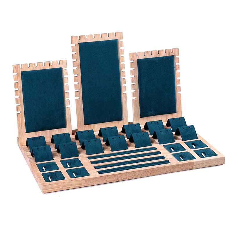Wood Jewelry Display Set Velvet Necklace Earring Ring Bracelet Tray Multi-Functional Jewelry Stand Organizer For Store Stall
