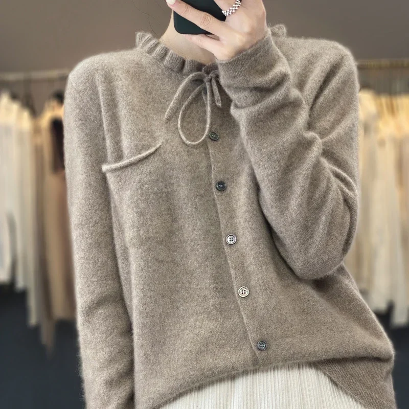 

Women's Ruffle Collar Cashmere Cardigan Spring Long-Sleeved Solid Wool Knitted Jacket 2024 New Korean Luxury Sweater Coat N114