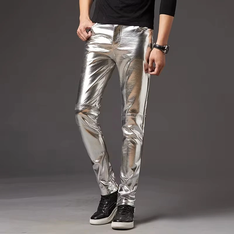 

Autumn/Winter Men's Leather Pants Korean Feet Pants Stage Performance Men's Motorcycle Bright Silver Leather Pants