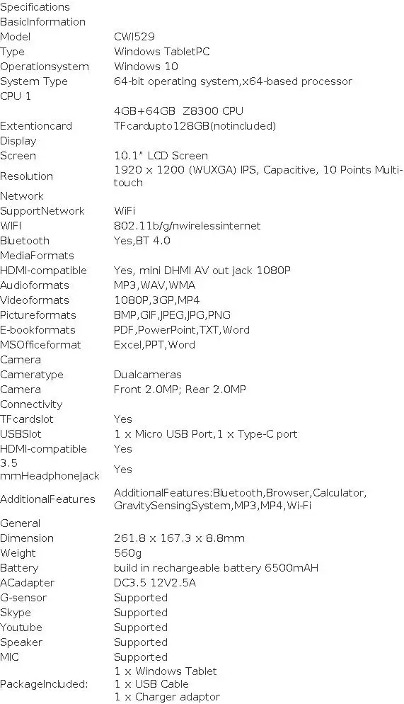 10.1 INCH CWI529 Windows 10 Tablet PC 4GB RAM 64GB ROM Z8300 CPU 1920 X 1200 IPS Screen WIFI 64-Bit Dual Cameras