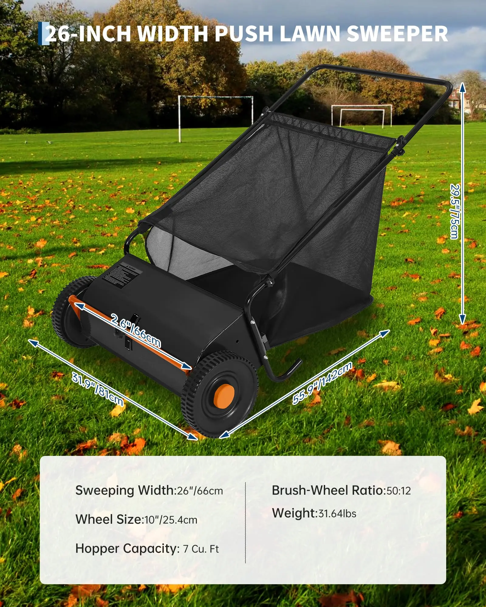Manual Push Lawn Sweeper, 26 in Walk-Behind Yard Leaf & Grass Sweeper, Adjustable Height, Heavy-Duty Steel Frame, Rubber Wheels, 4 Spinning Brushes, 7 Cu ft Collector