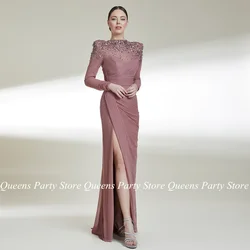 Evening Dress Customized Prom Gown Round Neck Long Sleeves Beading Crystal Pleat High Slit Chiffon Mermaid Formal Party Dresses