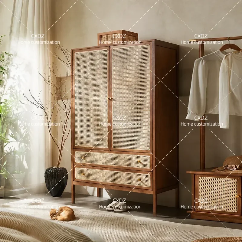 Solid Wood Rattan Double Door Wardrobe Modern Retro Bedroom Storage Closet Coat Cabinet Furniture