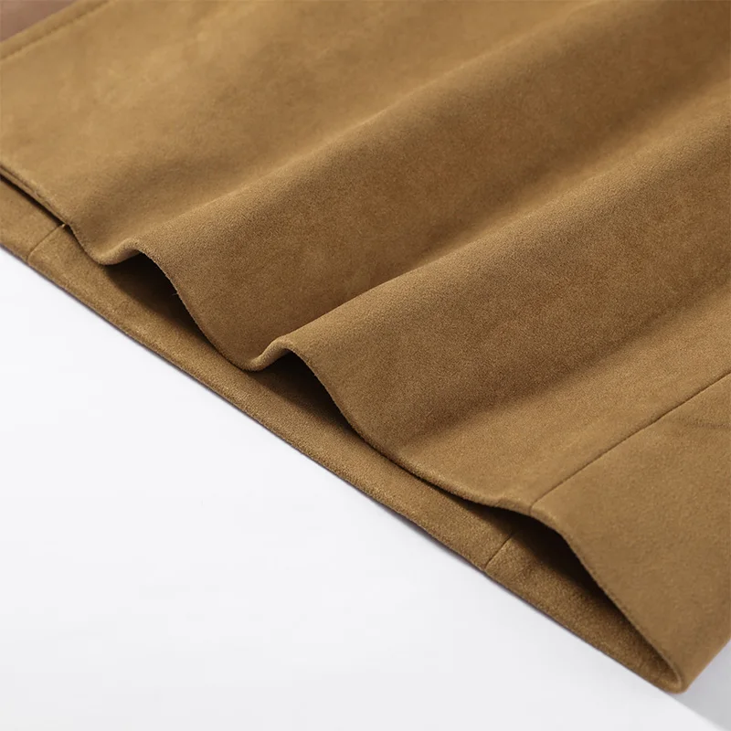 Kunstleder-Patchwork-Wildleder-Taillenbetonte Lange Mäntel für Damen, Street-Style, Reverskragen, Vollarm, Paneelierte Schlanke Jacken, Schicke Damen-Oberbekleidung – Detail 10