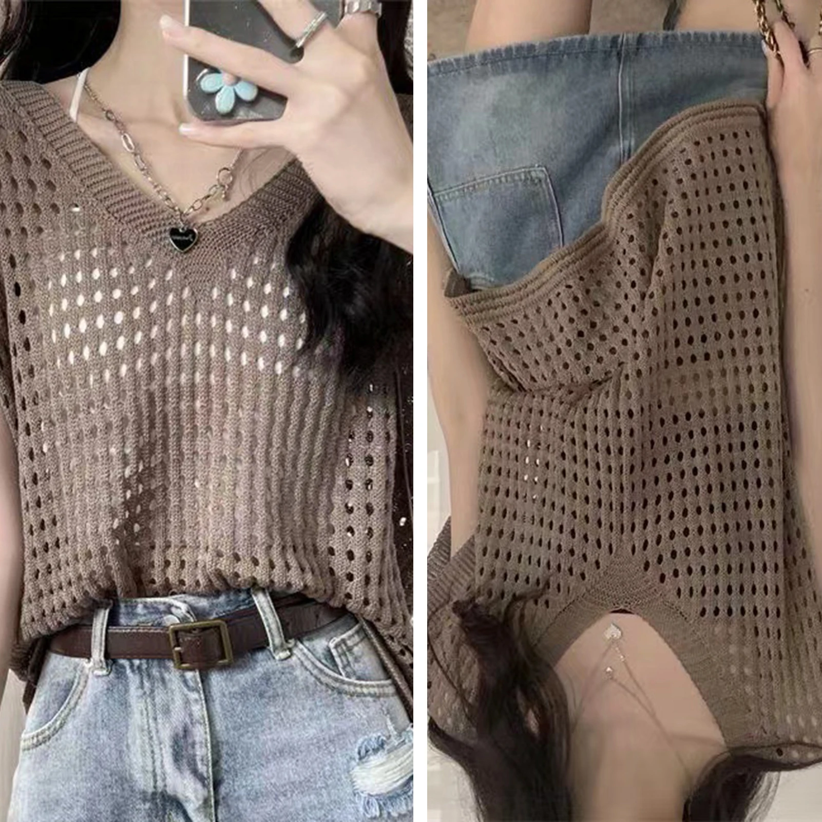 

Sweet And Spicy Sle Knitted Vest Women's Thin Summer 2025 New Retro Loose Hollow Out Ne Design Top Outerwear Shirt