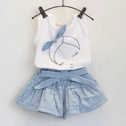 Girls White Sleeveless T-shirt + Blue Plaid Skirt Pants 2 Pieces Set 3-8 Years Old Female Baby Summer Shorts Set