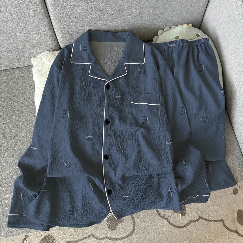 بيجامات رجالية مريحة تناسب الحد الأدنى للخريف مطبوع عليها حروف على طراز الشباب ملابس تنحيف قطنية مطبوعة على شكل سحابة بأكمام طويلة طقم مكون من قطعتين