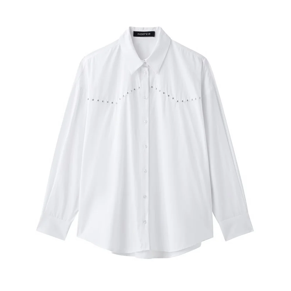 2025 BM&MD&ZA Women's Blouse: Classic White Shirt with Delicate Embellishments for a Touch of Elegance