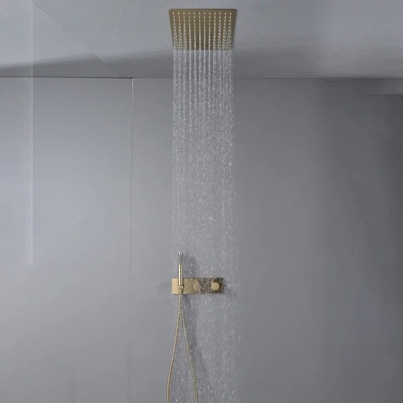 Luxury Gold Brush Ceiling 10inch Shower Set Thermostatic Bath Rainfall Bath Shower Set Bathroom Brush Gold Constant Shower Mixer