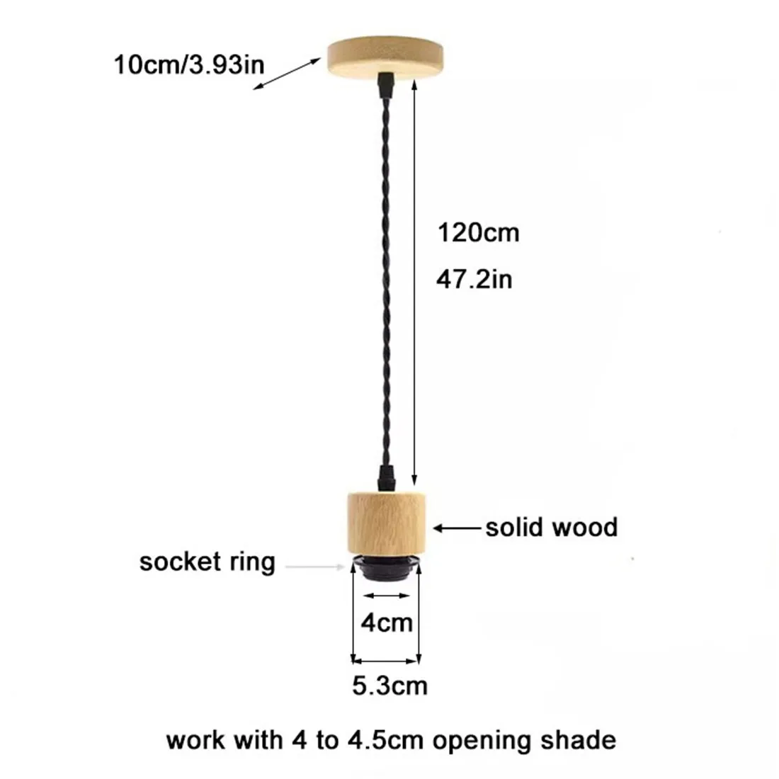 Vintage Solid Wood E26 E27 Lamp Shade Holder with Canopy, Wire, Socket Ring, Antique Wooden Cable Socket for Holding Lampshade