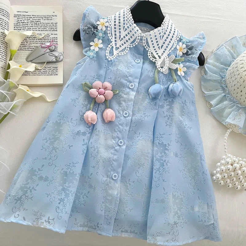 

Summer New Girl's Hollow Bow Flying Sleeve Three Dimensional Flower Princess Dress with A Hat Girl's Dress
