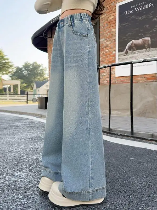 

Свободные повседневные джинсовые брюки для девочек, весенне-осенняя одежда, новая модная верхняя одежда, широкие брюки, хлопковые эластичные джинсовые брюки с талией