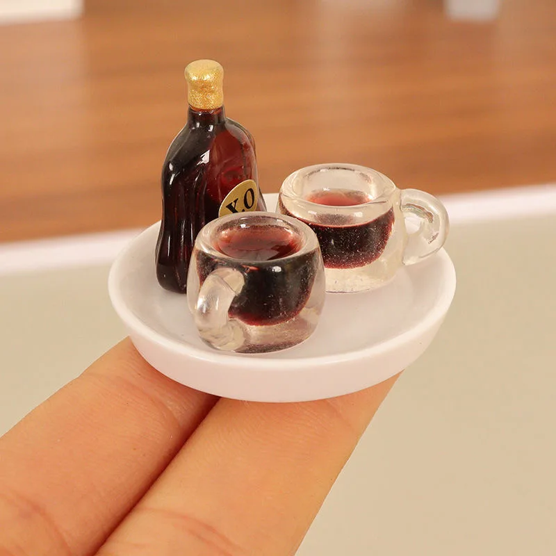 

Miniature Dollhouse XO Wine Bottle Wine Cup With Plate Set for Home Decor and Kitchen Accessories
