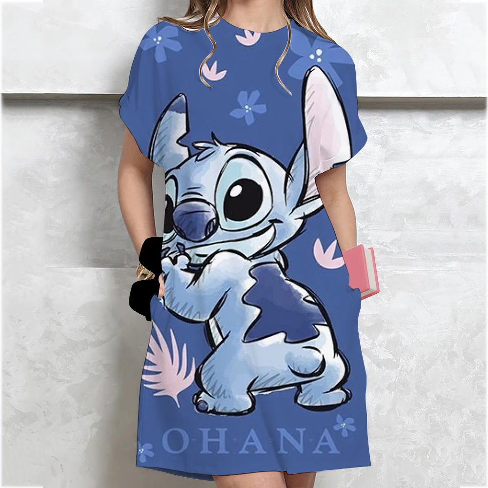 Disney Stitch พิมพ์ชุดผู้หญิงฤดูร้อนการ์ตูนแขนสั้น O-คอเสื้อยืดชุดแฟชั่นกระโปรงนอน Daily Basic Dressing