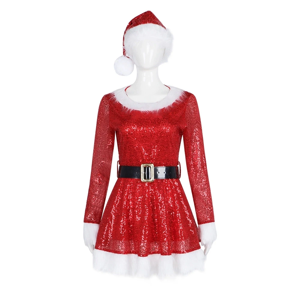 

Рождественское красное платье с блестками, костюм для косплея, женская сексуальная униформа, карнавальная праздничная одежда