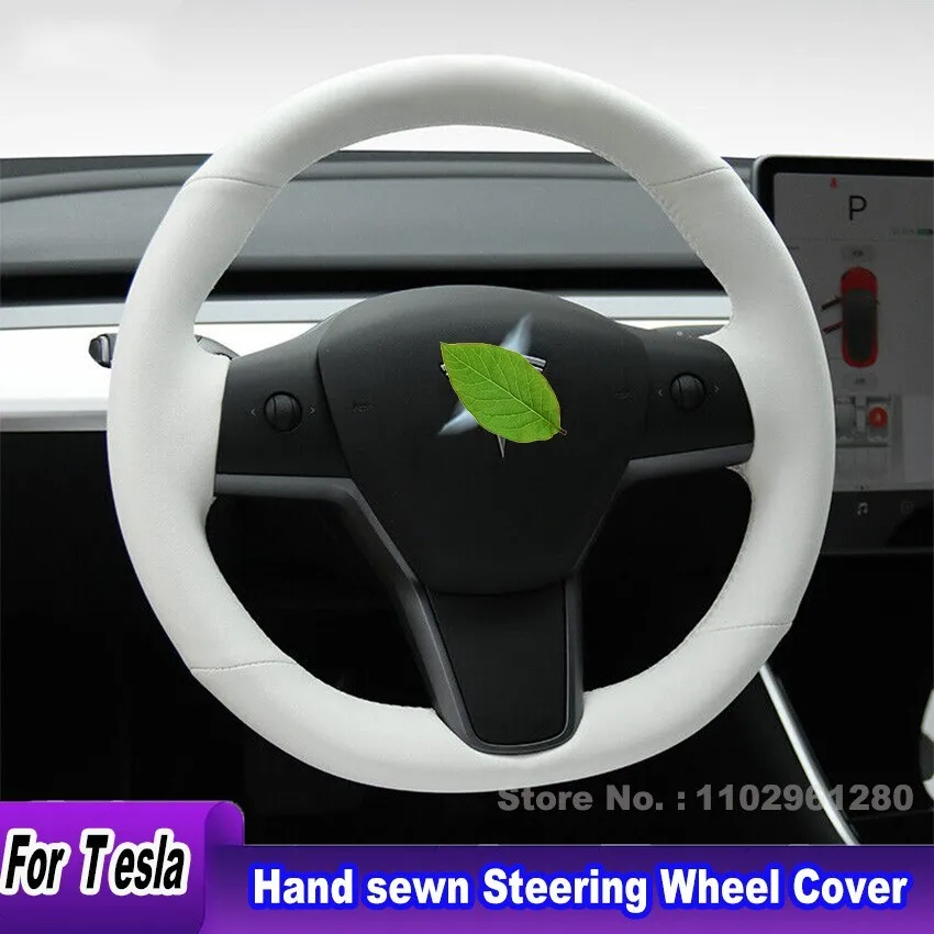 

Hand-sewn Anti-slip White Leather Steering Wheel Cover for Tesla Model 3 Model Y Car Accessories Interior
