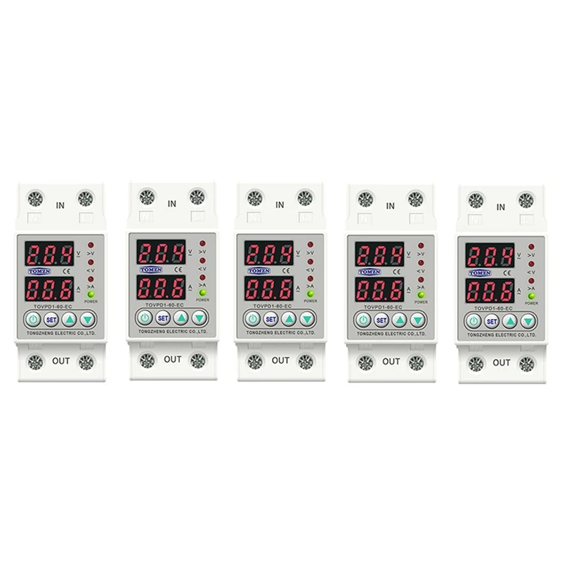 

5X Din Rail Dual Display Adjustable Over Voltage Current Under Voltage Protective Device Protector Relay 60A 220V 230V