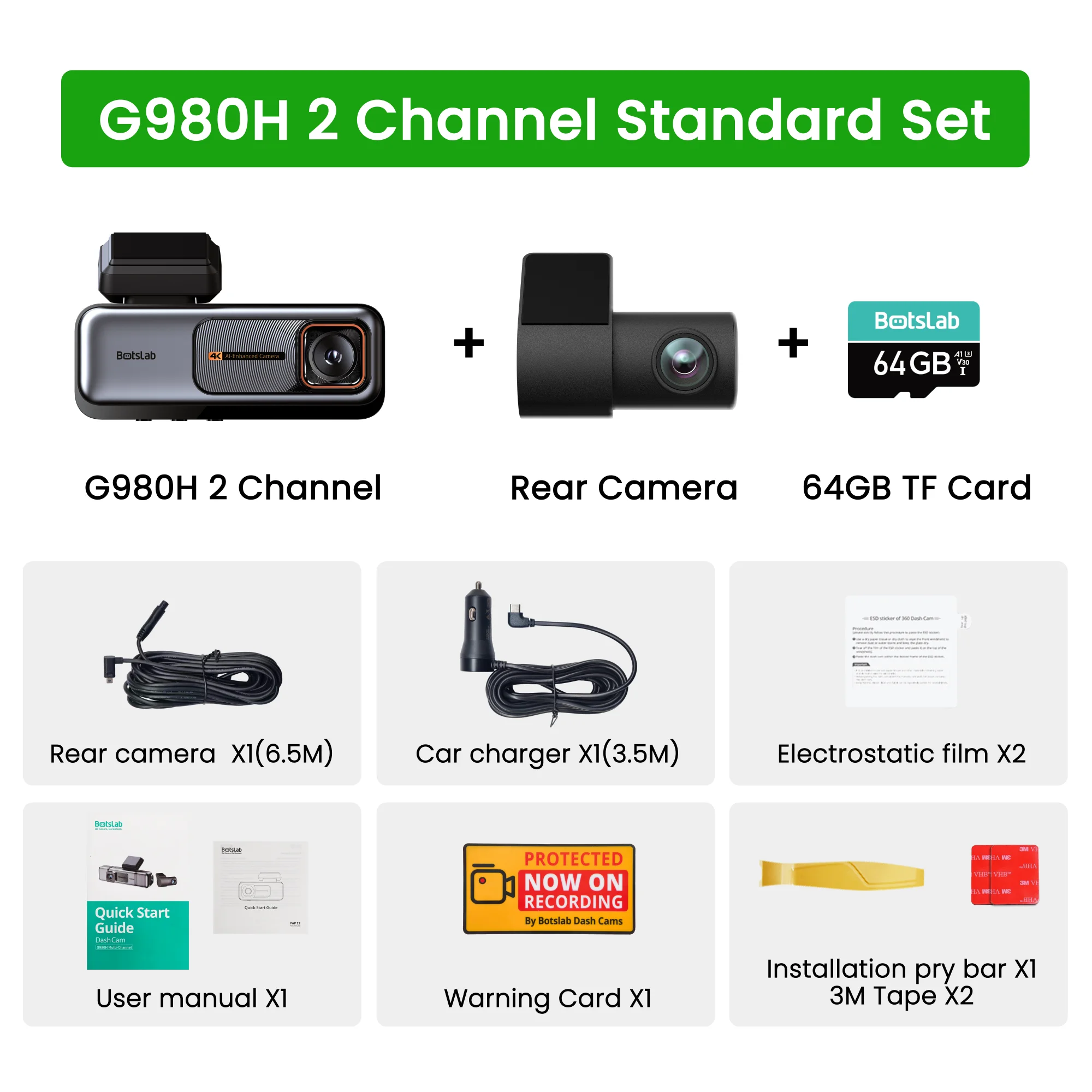 Botslab G980H 4K Dashcam voor en achter, 170° °   Ultrabrede 4K Dashcam met ADAS, Sony STARVIS sensor nachtzicht, parkeermodus, GPS