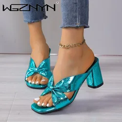 Womens Cross Strap High Heels Slippers 2024 Summer Luxury Golden Square Toe Sandals Women Designer Clear Heel Slides Woman