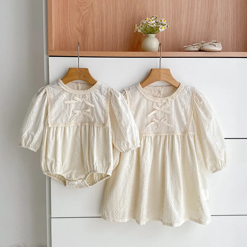 Spring Girls Long Sleeve Sweet Sisters Beige Embroidery Dresses Autumn Infant Rompers Kids Baby Girls Princess Clothes Rompers