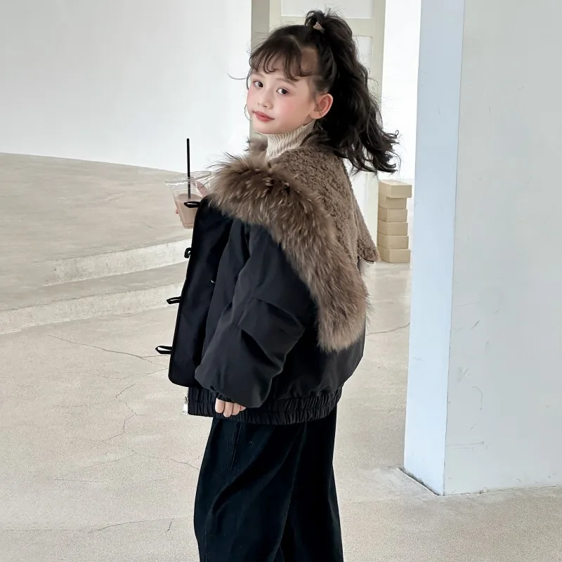 Girls down jacket  winter 90 white duck down thickened warm short real hair collar middle  large  children's down jacket