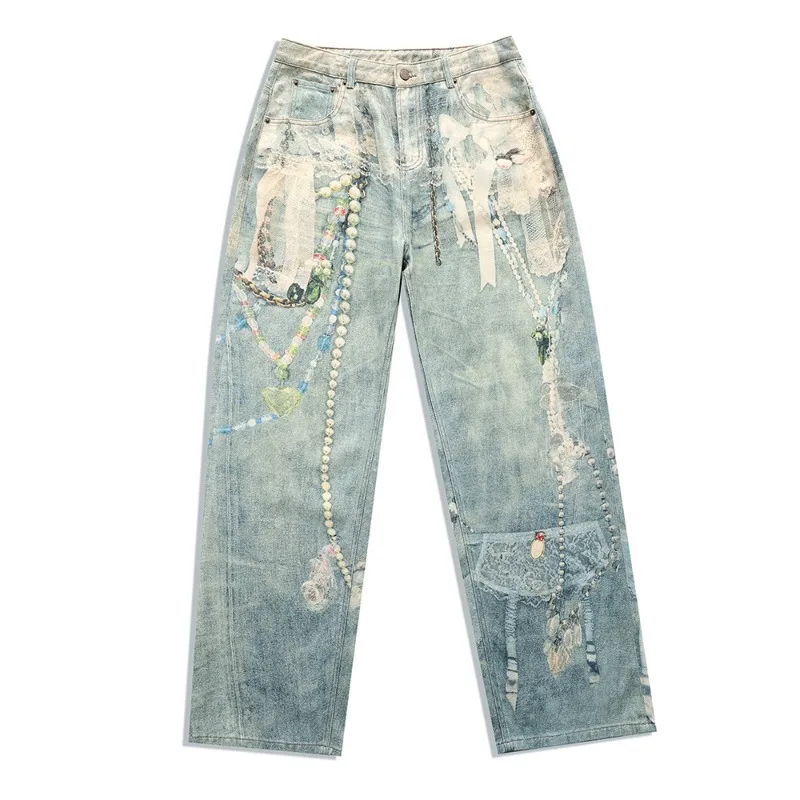 Vintage Cyan All Over Pearl Chain Digital Print Wide Leg Denim Jeans For Men Women Wrinkle Resistant Daily Trousers