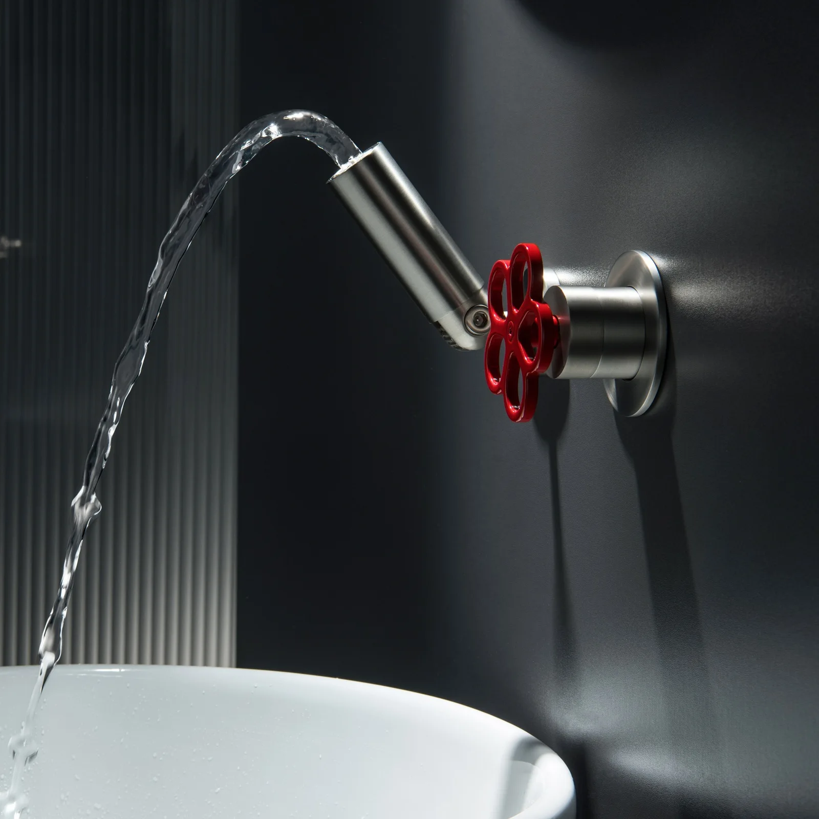 

Brushed Nickel Brass Bathroom Faucet Wall Mounted Basin Mixer Tap with Plum Design Handle