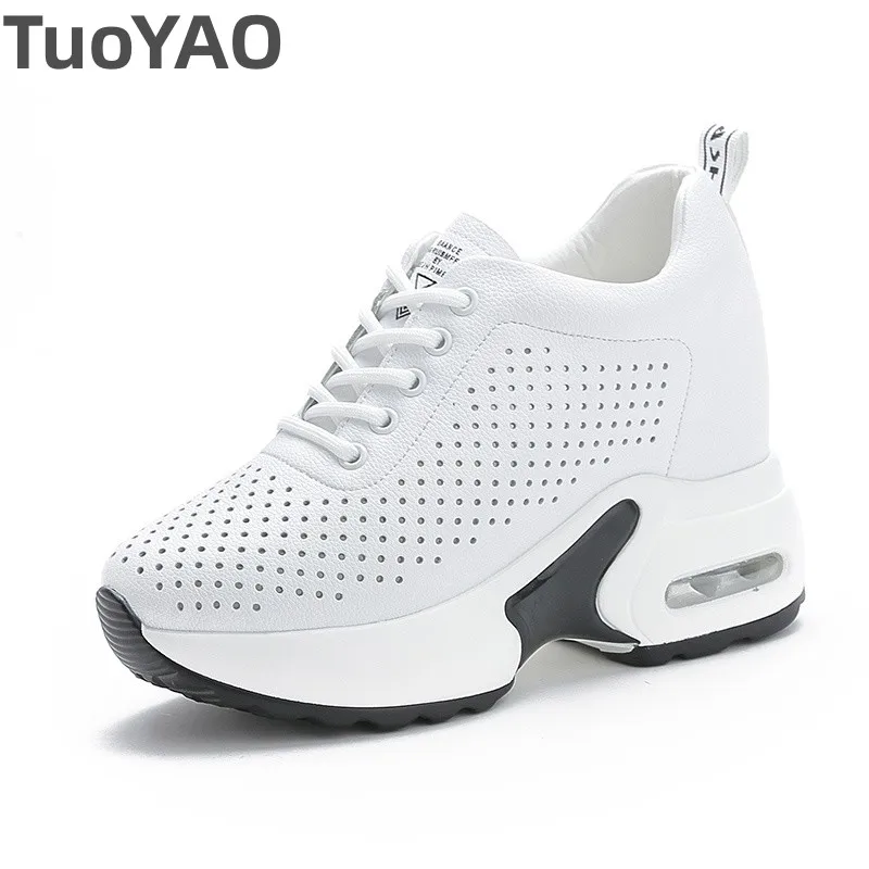 

10cm Cow Leather Platform Wedge Fashion White Women Spring Summer Autumn Chunky Sneakers Shoes Breathable Comfortable Pumps