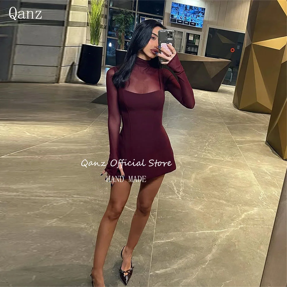 Qanz Sexy Mini Prom Dresses Sheer Long Sleeves High Neck Burgundy Short Bespoke Occasion Dresses Vestido De Festa Customized