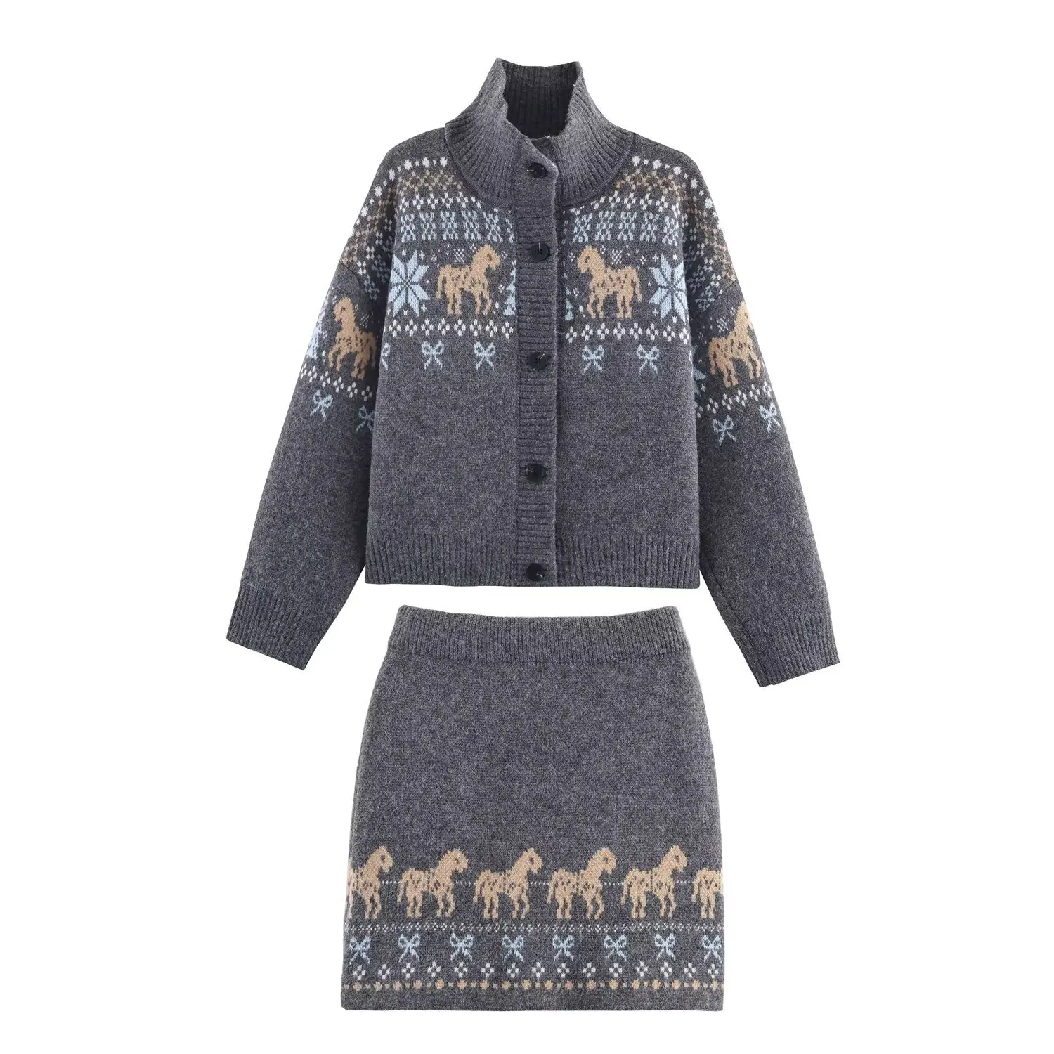 

2025 autumn and winter new French retro jacquard stand collar sweater knitted cardigan skirt loose casual suit