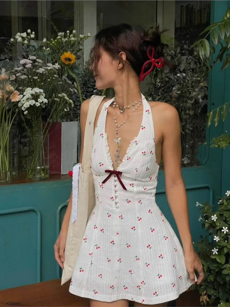 Sexy V-neck Halter Dress 2025 Fashion Summer Sleeveless Seaside Holiday Style Beach Dresses Cute Cherry Print Mini Dress