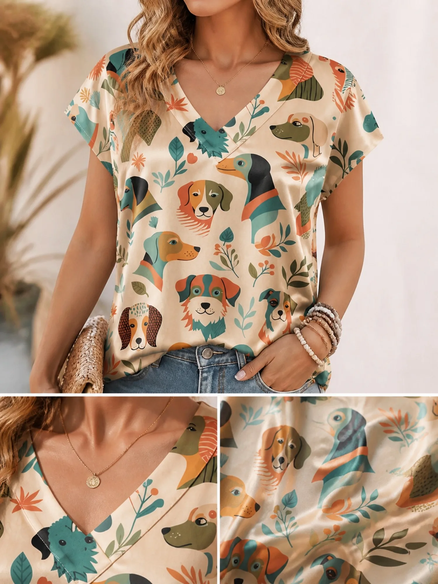 Summer Casual Sexy Women's Satin V-Neck Short-Sleeve T-Shirt, Slim Fit, Loose Fit, Puppy Cartoon Print, Hot Selling New Product