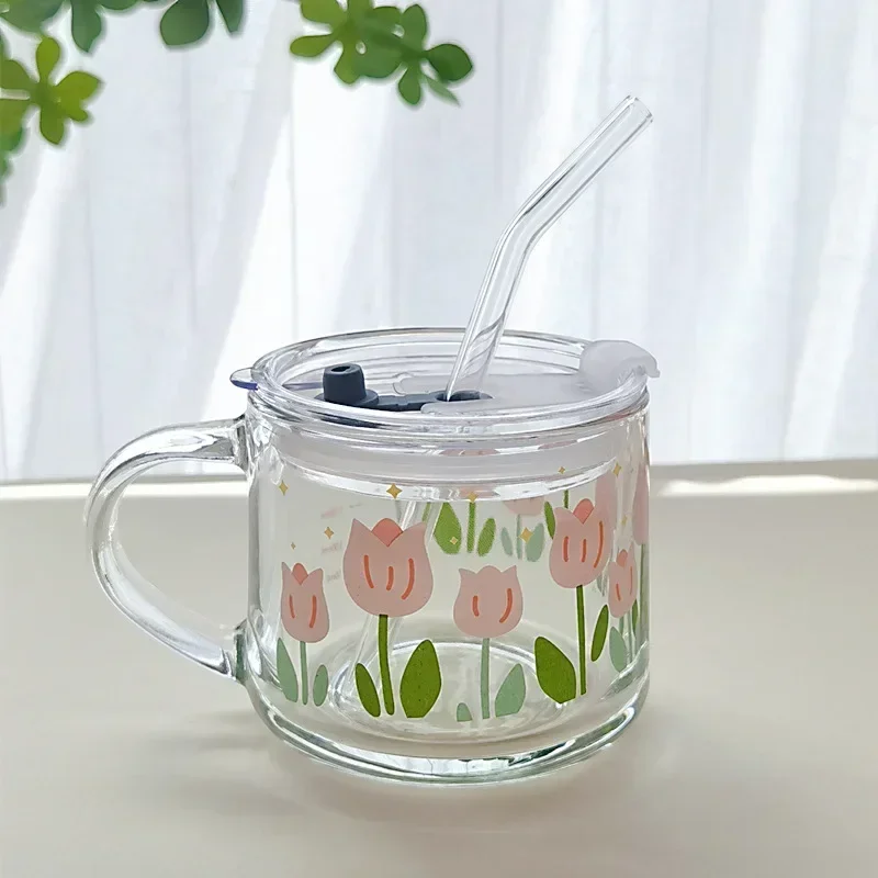 Glass Mug 350ml Cartoon Home Office Ins Coffee Cup with Straw Cup with Lid and Spoon High Temperature Roasted Flower Drink Cups