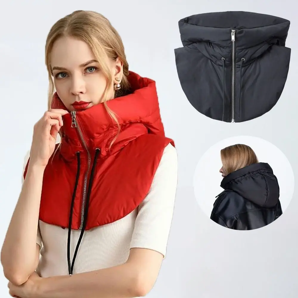 Winter Ultralight Down Hooded Hats Drawstring Removable Neck Cover Scarf Balaclava Hat Zippper Turtleneck Fake Collar Women's