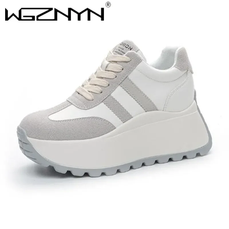 

Женские кроссовки на танкетке из натуральной кожи высшего качества, весенне-осенние массивные кроссовки 8 см, дышащие удобные вулканизированные ботинки