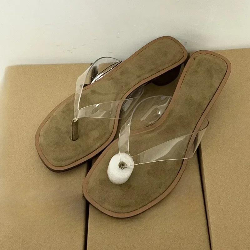 

Aneikeh Summer Women Wooden Heel Sandals Transparent PVC Square Head Outdoor Casual Anti-slip Slippers Fashionable Flip Flops
