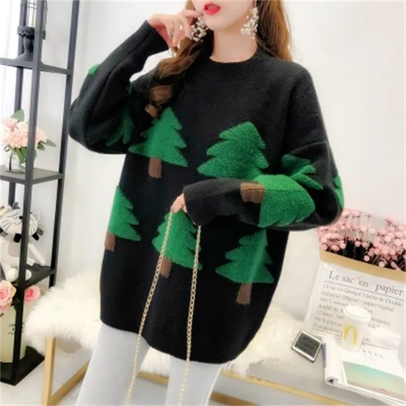 Christmas Tree Pattern Sweaters Pullovers Women O Neck Knitted Loose Jumpers  Winter Autumn Casual Warm Tops Girlfriend Gift