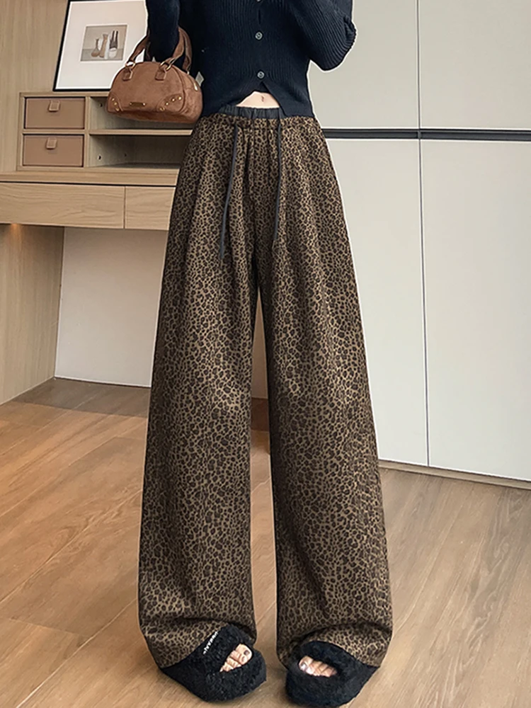 بنطلون نسائي واسع الساق بخصر مرتفع وطبعة الفهد من الجلد المدبوغ، فضفاض مع حزام مطاطي، جديد للخريف والشتاء، يساعد على تنحيف الجسم