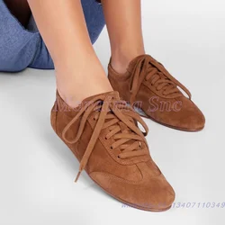 Suede Leather Round Toe Sneakers Lace-up Flat With Fashion Comfort Women's Sports Casual Shoes Brown Solid 2025 Spring Newest