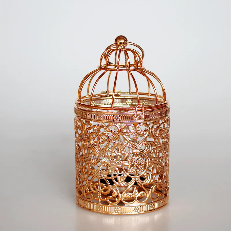 European Style Gold Electroplated Metal Handicraft Creative Bird Cage Shaped Candle Holder Home Decoration Wedding Props