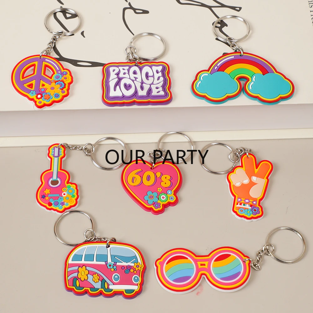 8Pcs 60s Hippie Groovy Theme PVC Keychain Rainbow Bohemian Backpack Pendant for Birthday Wedding Party Favors Pinata Fillers