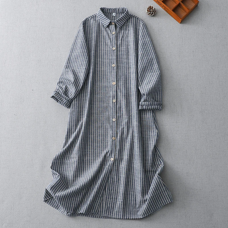 فستان نسائي مخطط جديد لربيع وخريف 2021 من NYFS رداء Ete فام Elbise فضفاض من القطن والكتان فستان قميص واحد الصدر