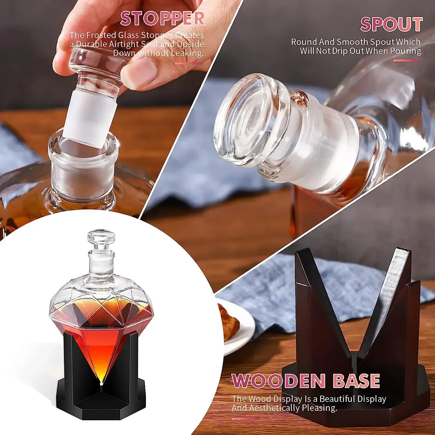 1000ml Whiskey Decanter glass diamond wine bottle with Wooden Holder Airtight Stopper Suitable for all kinds of alcohol Gift