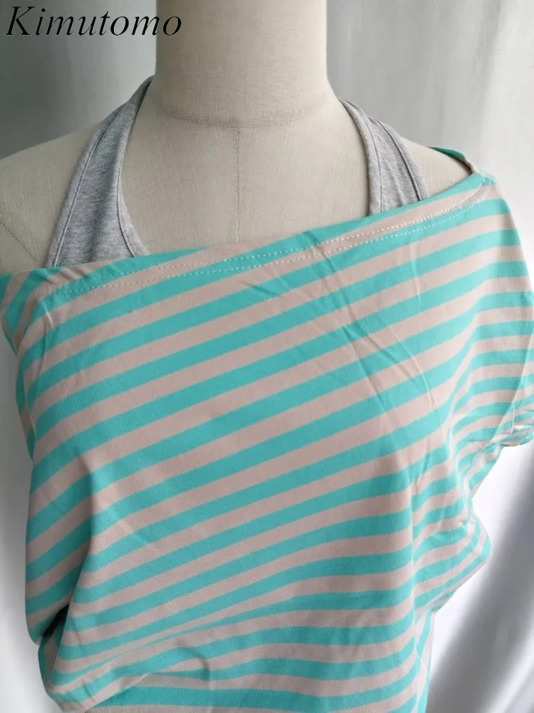Kimutomo Women T Shirts Striped Printed Patchwork Off Shoulder Y2k Aesthetic Harajuku Tops Vintage Grunge Gothic Tee Shirt view 4