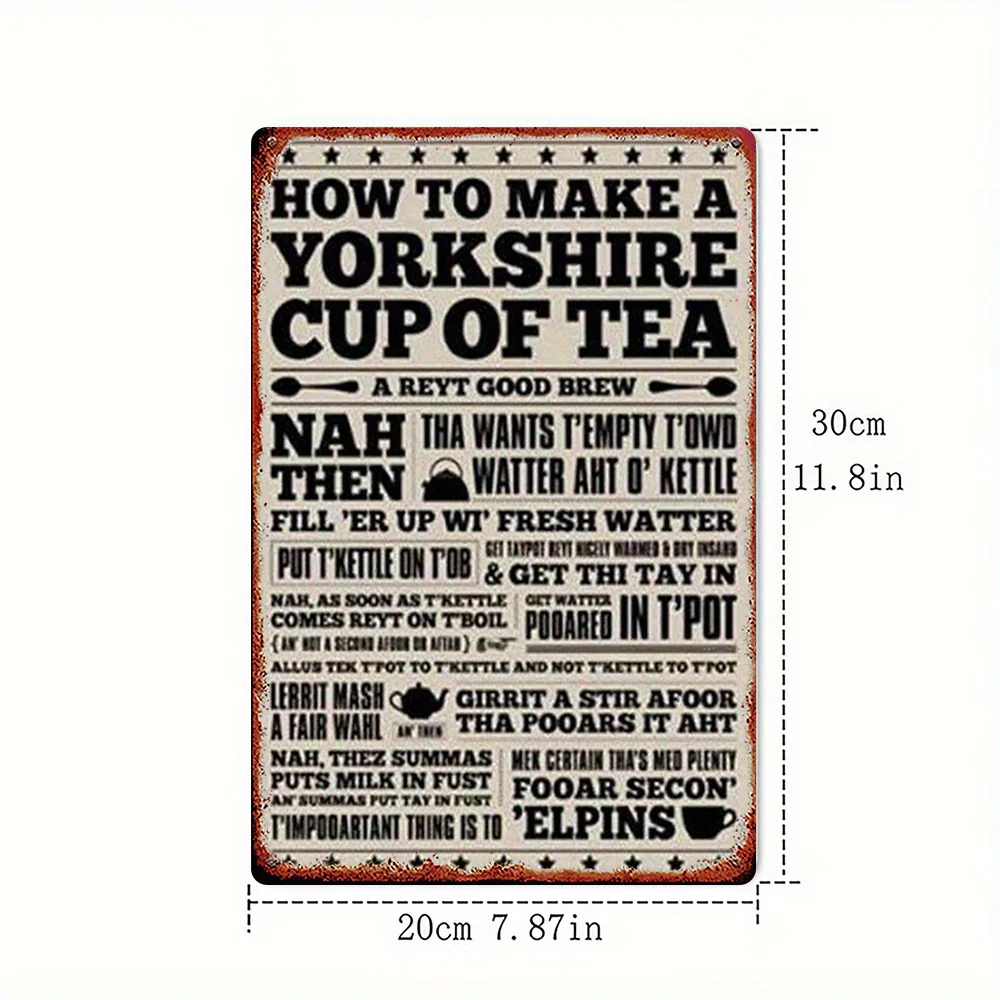 2D Flat,Vintage Yorkshire Tea Preparation Guide\Traditional British Tea Making Steps,Wall Hanging Sign,No Electricity Needed