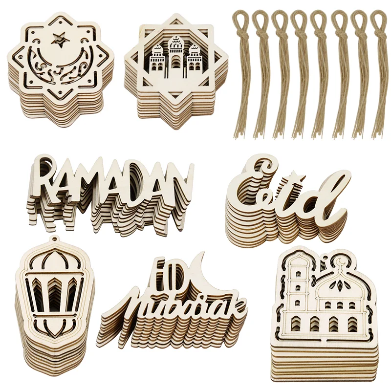 10pc Ramadan Hollow Pendants Eid Mubarak Letter Islamic Muslim Home Wooden Sheet Hanging Decoration Kareem Festival Party Supply