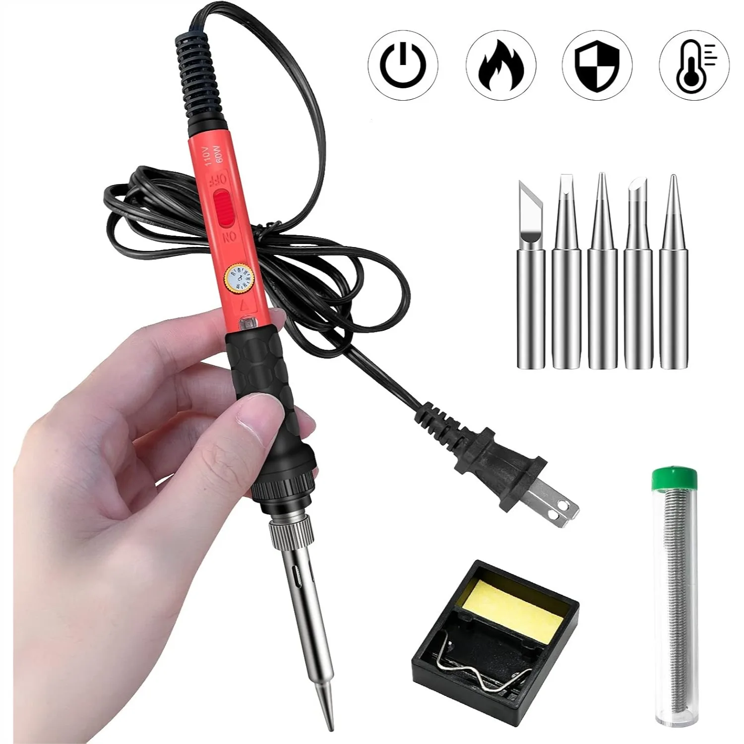 

Soldering Kit 60W Welding Iron With Ceramic Heater 5pcs Extra Tips Stand Solder Tube Sponge For Electronic Repair