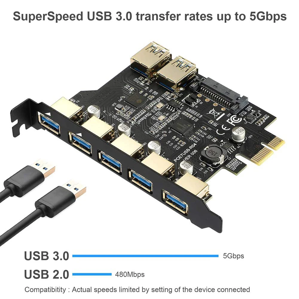 Scheda di espansione PCI Express USB 3.0 a 7 porte con connettore di alimentazione SATA a 15 pin Adattatore PCIE X1 USB 3.0 5 Gbps NEC 720201   + Chip GL3510