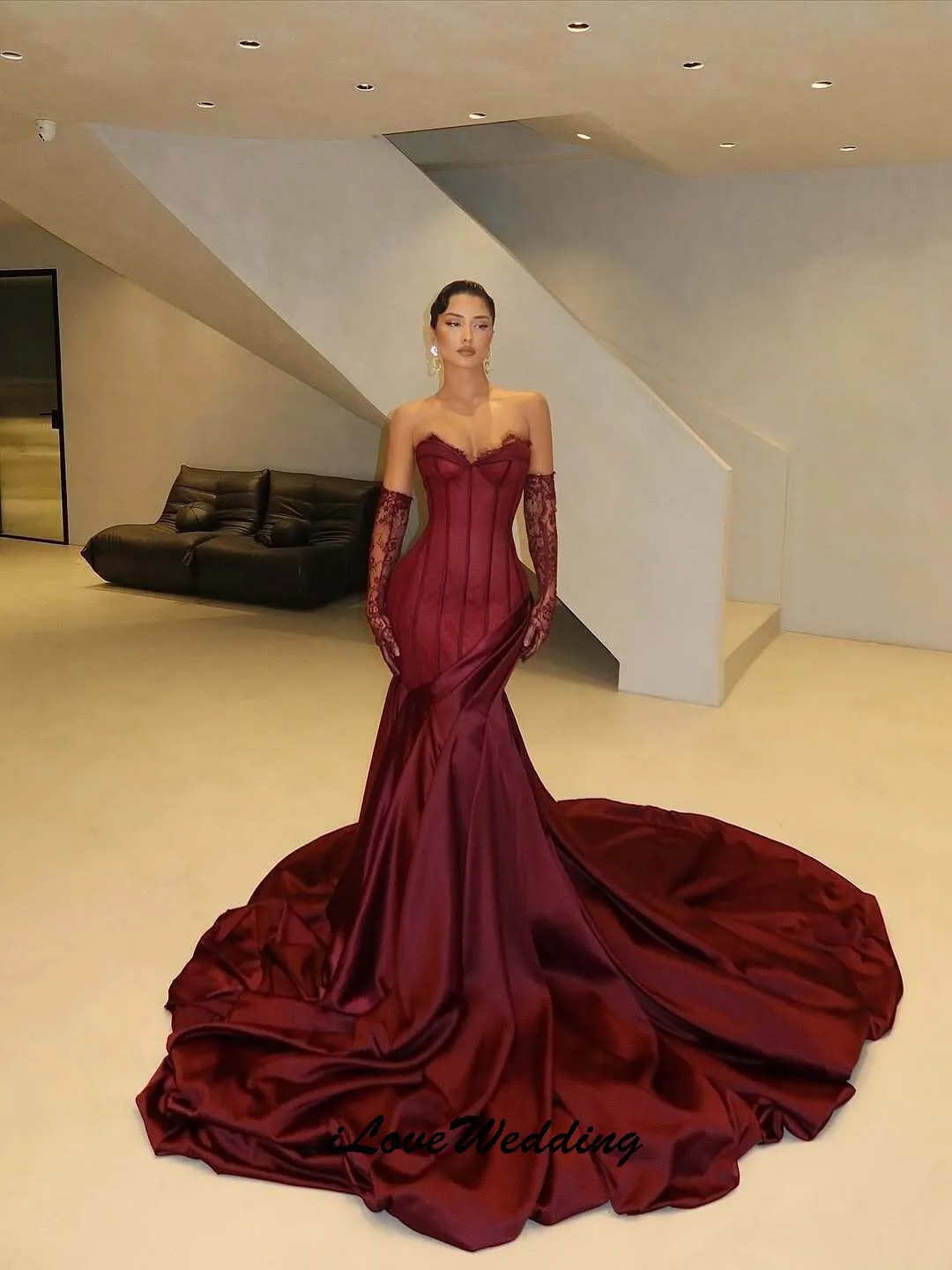 Elegante sem alças vermelho vestidos de baile 2025 com decote em v rendas sexy vestidos de noite tribunal trem sereia vestidos formais para gala personalizado